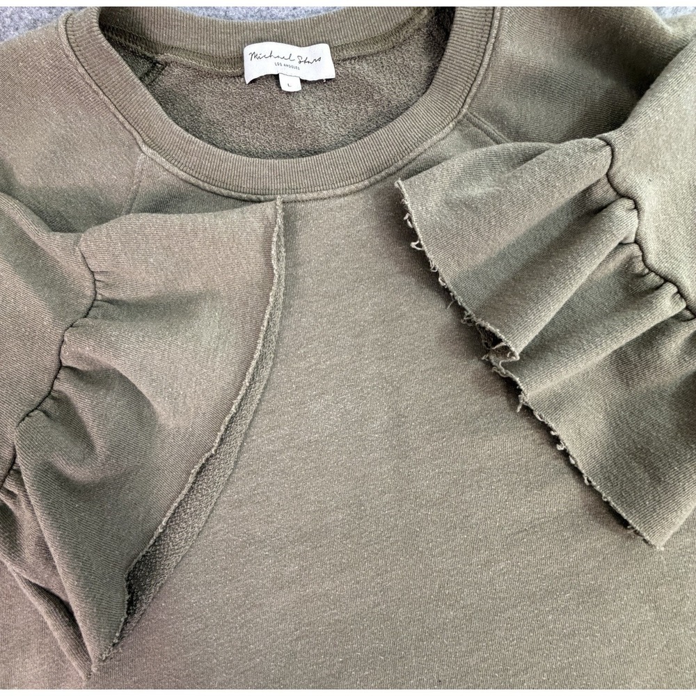 Michael Stars Olive‎ Green Ruffle Sleeve Sweatshirt Top Women's Size L
